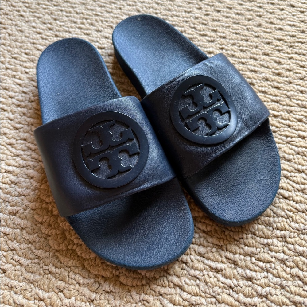 Tory Burch Navy Slide Sandals with Iconic Logo
